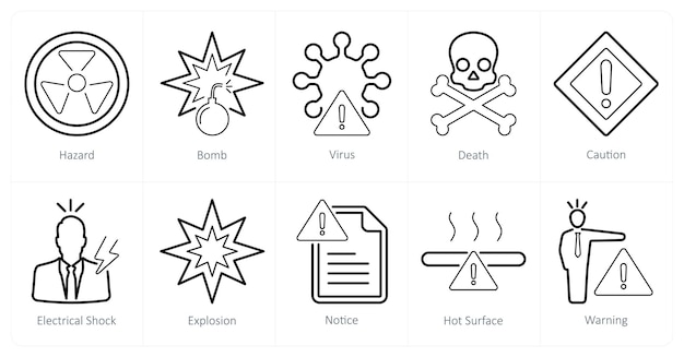 Un conjunto de 10 iconos de peligro de peligro como peligro de bomba virus muerte