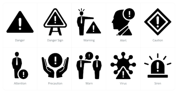 Un conjunto de 10 iconos de peligro de peligro como señal de advertencia de peligro