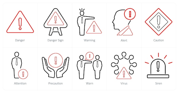 Un conjunto de 10 iconos de peligro de peligro como señal de advertencia de peligro