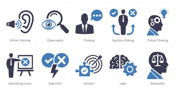 Un conjunto de 10 íconos de pensamiento crítico como pensamiento de observación de escucha activa