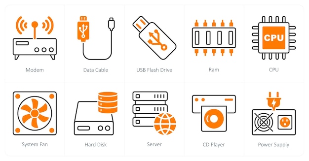 Un conjunto de 10 iconos de piezas de computadora como cable de datos de módem unidad flash USB