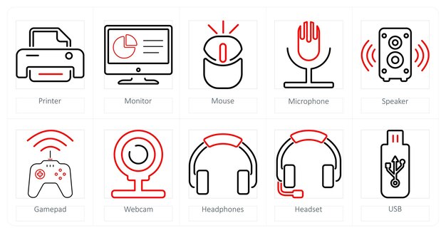 Un conjunto de 10 iconos de piezas de computadora como el ratón del monitor de la impresora