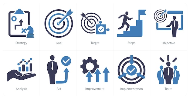 Un conjunto de 10 iconos de plan de acción como objetivo de la estrategia