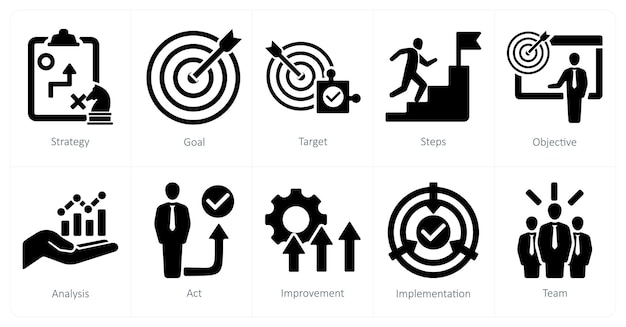 Un conjunto de 10 iconos de plan de acción como objetivo de la estrategia