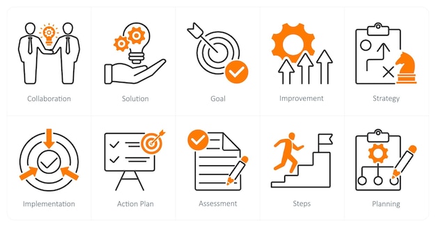 Un conjunto de 10 iconos del Plan de Acción como objetivo de la solución de colaboración