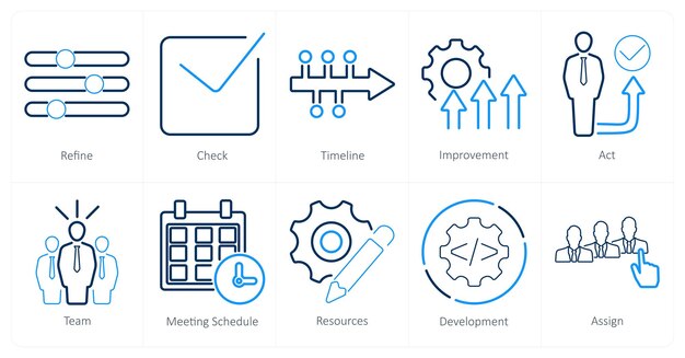 Un conjunto de 10 iconos de plan de acción para refinar la mejora de la línea de tiempo de comprobación