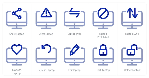 Un conjunto de 10 iconos de portátil como compartición de alerta de portátil sincronización de portátil