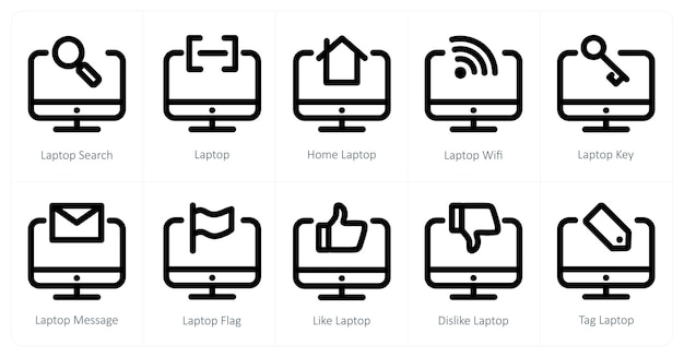 Un conjunto de 10 iconos de portátil como portátil de búsqueda portátil portátil de casa