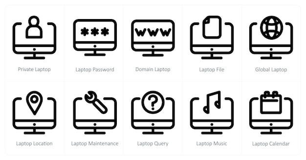 Un conjunto de 10 iconos de portátil como portátil privado contraseña de dominio portátil