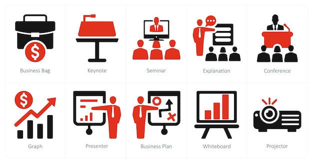 Un conjunto de 10 iconos de presentación de negocios como seminario de presentación de la bolsa de negocios