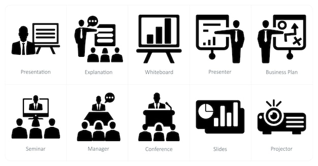 Un conjunto de 10 iconos de presentación de negocios como tablero blanco de explicación de presentación