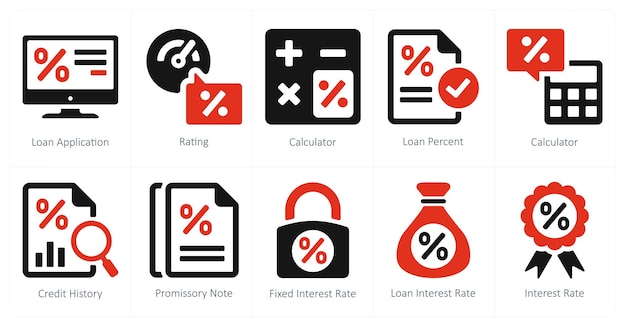 Un conjunto de 10 iconos de préstamos y deudas como calculadora de calificación de la solicitud de préstamo