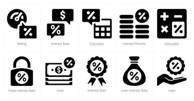 Un conjunto de 10 iconos de préstamos y deudas como calculadora de tasas de interés de calificación
