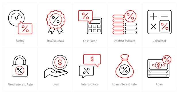 Un conjunto de 10 iconos de préstamos y deudas como calculadora de tasas de interés de calificación