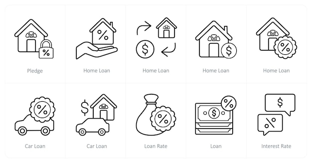 Un conjunto de 10 íconos de préstamos y deudas como garantía de préstamos para el hogar y préstamos para automóviles