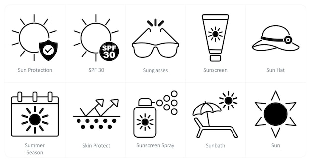Un conjunto de 10 iconos de protección solar como protección solar SPF 30 gafas de sol