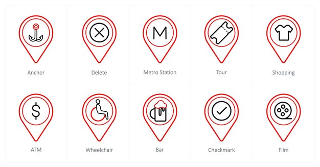 Un conjunto de 10 iconos de puntero de ubicación como ancla borrar estación de metro