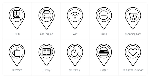 Un conjunto de 10 iconos de puntero de ubicación como aparcamiento de trenes wifi