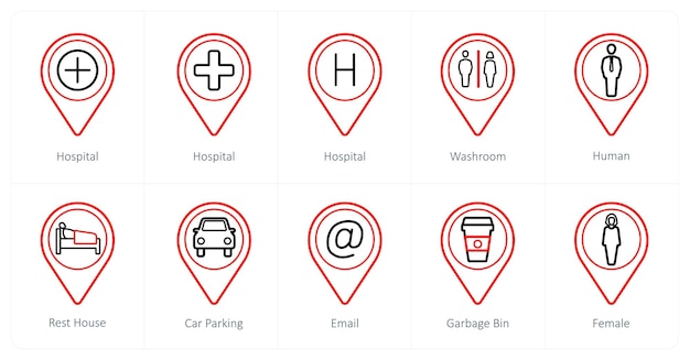 Un conjunto de 10 iconos de puntero de ubicación como baño de ubicación de hospital hospital