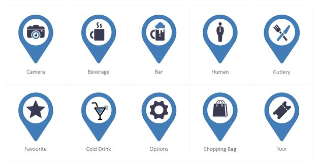 Un conjunto de 10 iconos de puntero de ubicación como barra de bebidas de la cámara