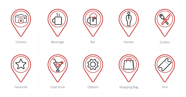 Un conjunto de 10 iconos de puntero de ubicación como barra de bebidas de la cámara