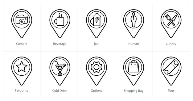Un conjunto de 10 iconos de puntero de ubicación como barra de bebidas de la cámara
