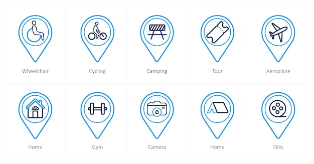 Un conjunto de 10 iconos de puntero de ubicación como barrera para bicicletas en silla de ruedas