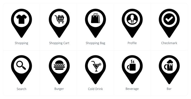 Un conjunto de 10 iconos de puntero de ubicación como bolsa de compras del carrito de compras