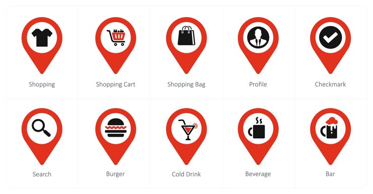 Vector un conjunto de 10 iconos de puntero de ubicación como bolsa de compras del carrito de compras