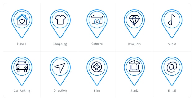 Un conjunto de 10 iconos de puntero de ubicación como cámara de compras de casa