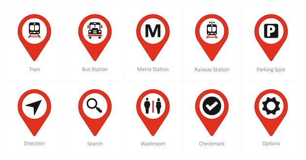 Un conjunto de 10 iconos de puntero de ubicación como estación de autobús de tren estación de metro