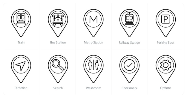 Un conjunto de 10 iconos de puntero de ubicación como estación de autobús de tren estación de metro