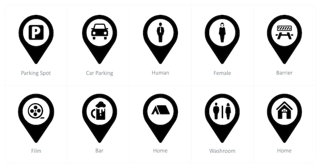Un conjunto de 10 iconos de puntero de ubicación como estacionamiento de automóviles