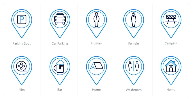Un conjunto de 10 iconos de puntero de ubicación como estacionamiento de automóviles