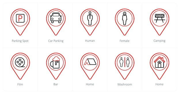 Un conjunto de 10 iconos de puntero de ubicación como estacionamiento de automóviles