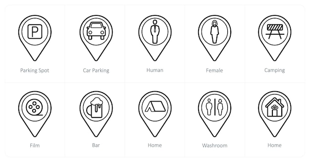 Un conjunto de 10 iconos de puntero de ubicación como estacionamiento de automóviles
