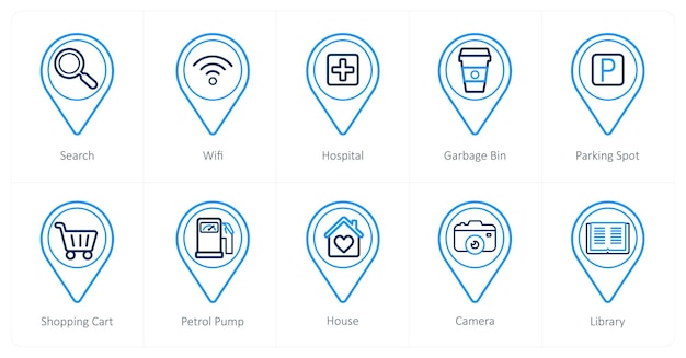 Un conjunto de 10 iconos de puntero de ubicación como hospital de búsqueda wifi