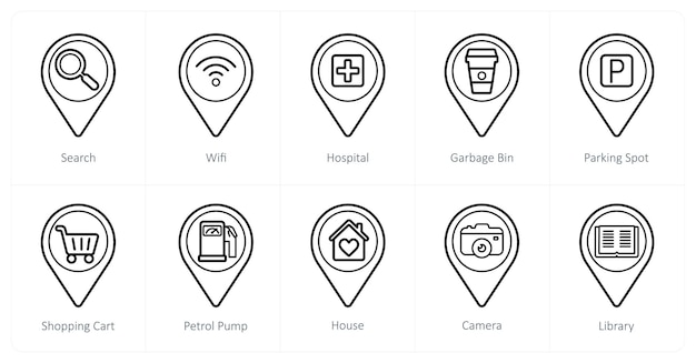 Un conjunto de 10 iconos de puntero de ubicación como hospital de búsqueda wifi