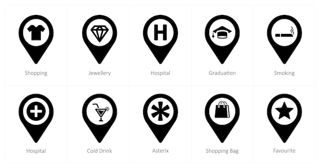 Un conjunto de 10 iconos de puntero de ubicación como hospital de compras de joyas
