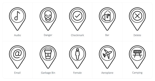 Un conjunto de 10 iconos de puntero de ubicación como marca de peligro de audio
