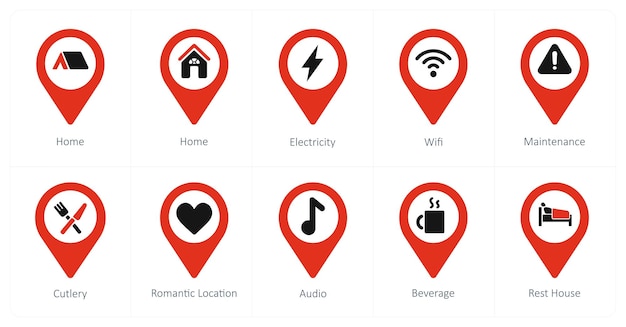 Un conjunto de 10 iconos de puntero de ubicación como wifi de electricidad doméstica