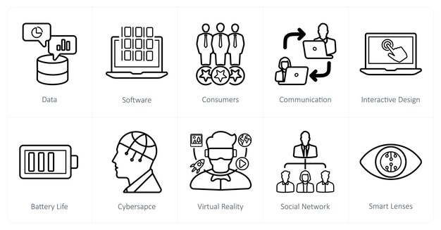 Un conjunto de 10 iconos de realidad virtual como consumidores de software de datos