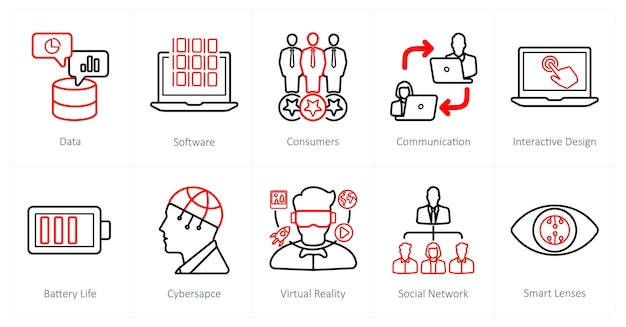 Un conjunto de 10 iconos de realidad virtual como consumidores de software de datos