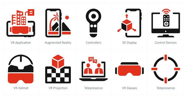 Un conjunto de 10 íconos de realidad virtual como controladores de aplicaciones 3D