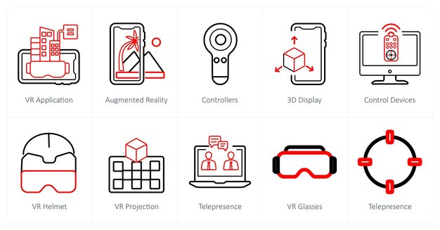 Un conjunto de 10 íconos de realidad virtual como controladores de aplicaciones 3D