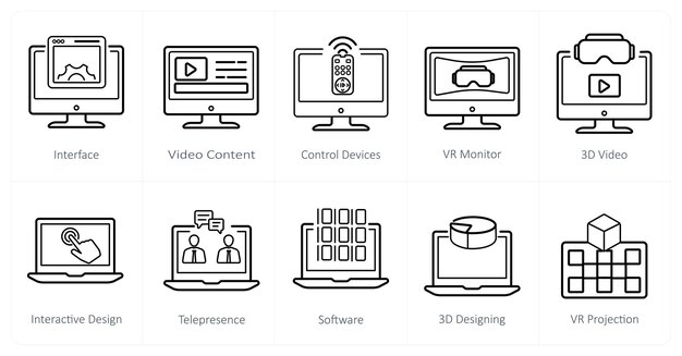Un conjunto de 10 iconos de realidad virtual como dispositivos de control de contenido de video de interfaz