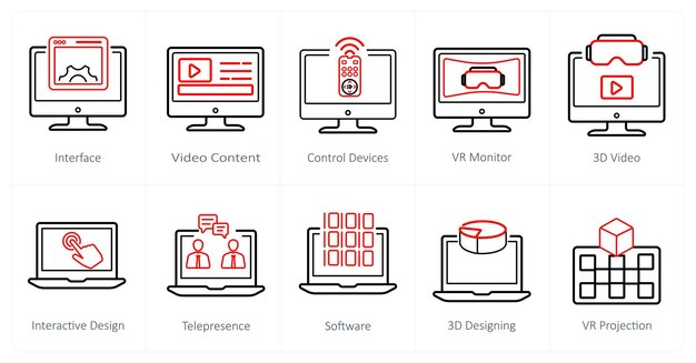 Un conjunto de 10 iconos de realidad virtual como dispositivos de control de contenido de video de interfaz