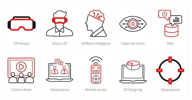 Un conjunto de 10 íconos de realidad virtual como gafas VR oculus VR inteligencia artificial