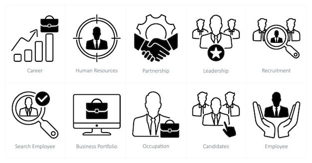 Un conjunto de 10 íconos de reclutamiento como asociación de recursos humanos de carrera