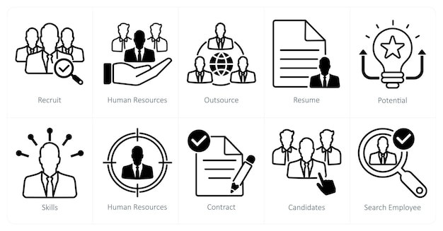 Un conjunto de 10 íconos de reclutamiento como subcontratista de recursos humanos de reclutamiento